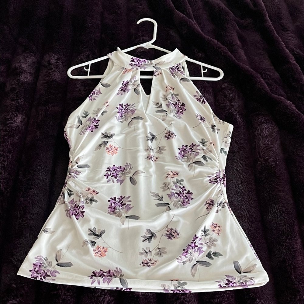 White House Black Market Floral Halter Top - White and Purple